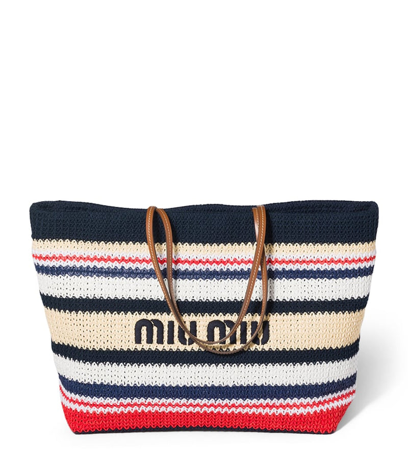 Miu Miu woven raffia-effect tote bag with logo (British brand)