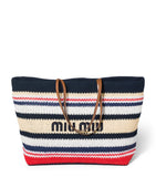 Miu Miu woven raffia-effect tote bag with logo (British brand)