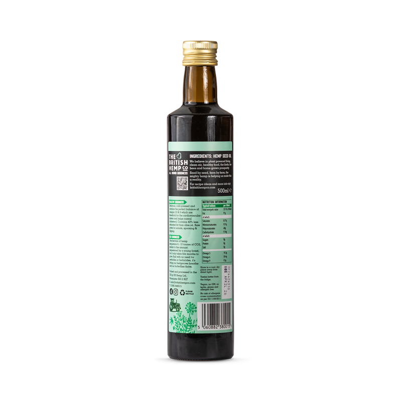 The British Hemp Co cold pressed hemp seed oil 500ml, UK version