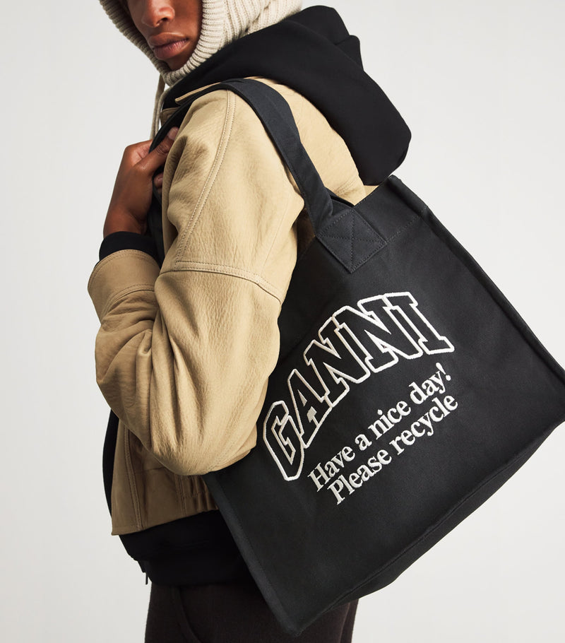 GANNI large recycled cotton tote bag with slogan, imported from the UK