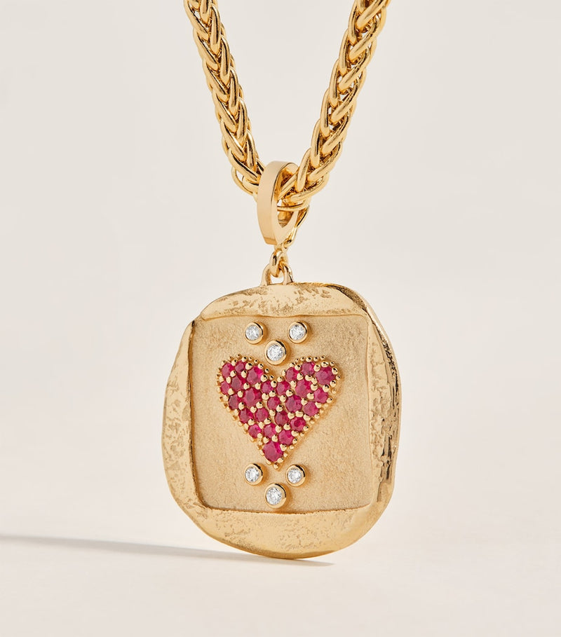 Azlee yellow gold diamond and pavé ruby coin charm - British product