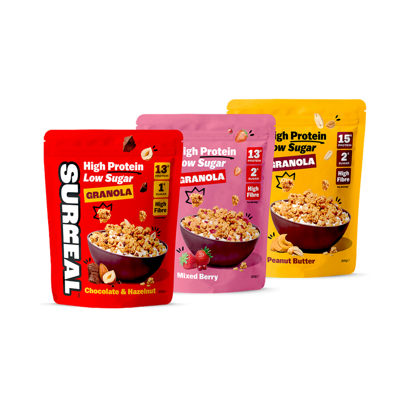 Surreal High Protein Granola Variety Bundle 3 x 300g, imported from the UK