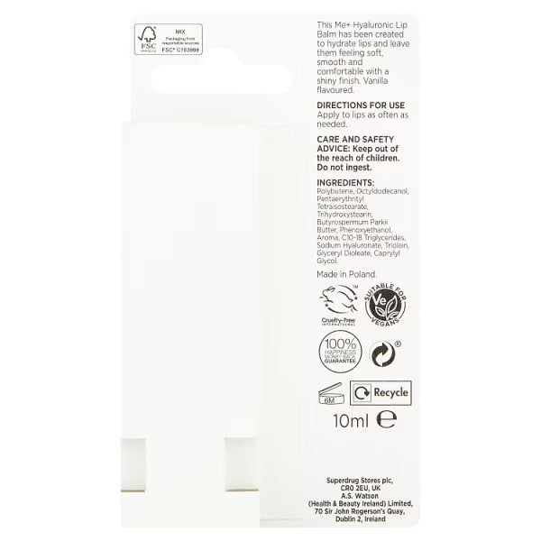 Me+ Hyaluronic Acid Lip Balm Vanilla 10ml, imported from the UK
