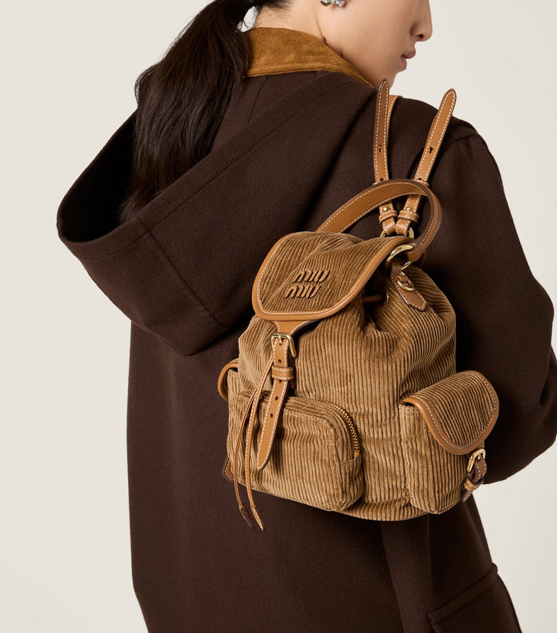 Miu Miu medium corduroy leather-trim backpack, imported from the UK