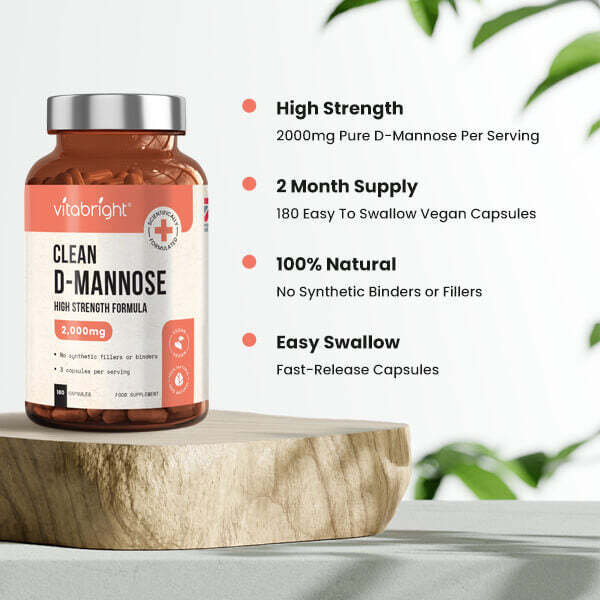 VitaBright D-Mannose supplement 180 capsules, imported from the UK