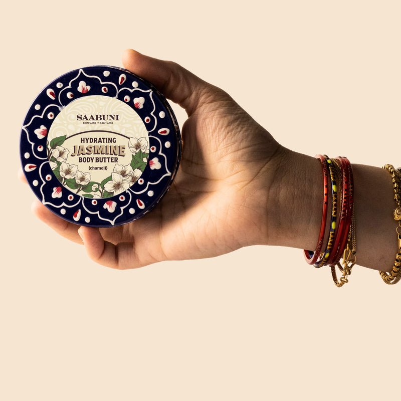Jasmine body butter with jojoba oil in hand-painted jar, imported from the UK