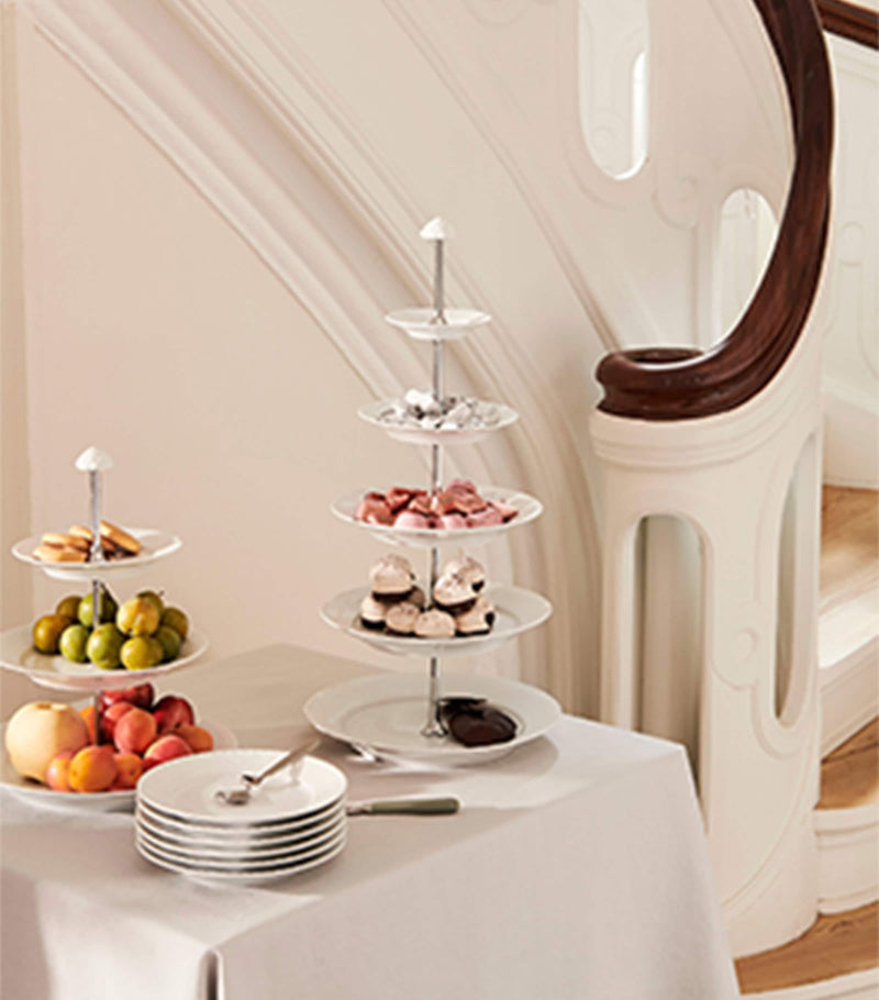 Royal Copenhagen white fluted 5-layer étagère cake stand, imported from the UK