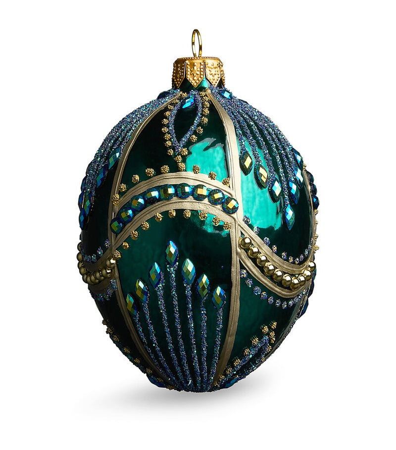 Harrods dark green glass Christmas bauble with blue and gold glitter, UK version