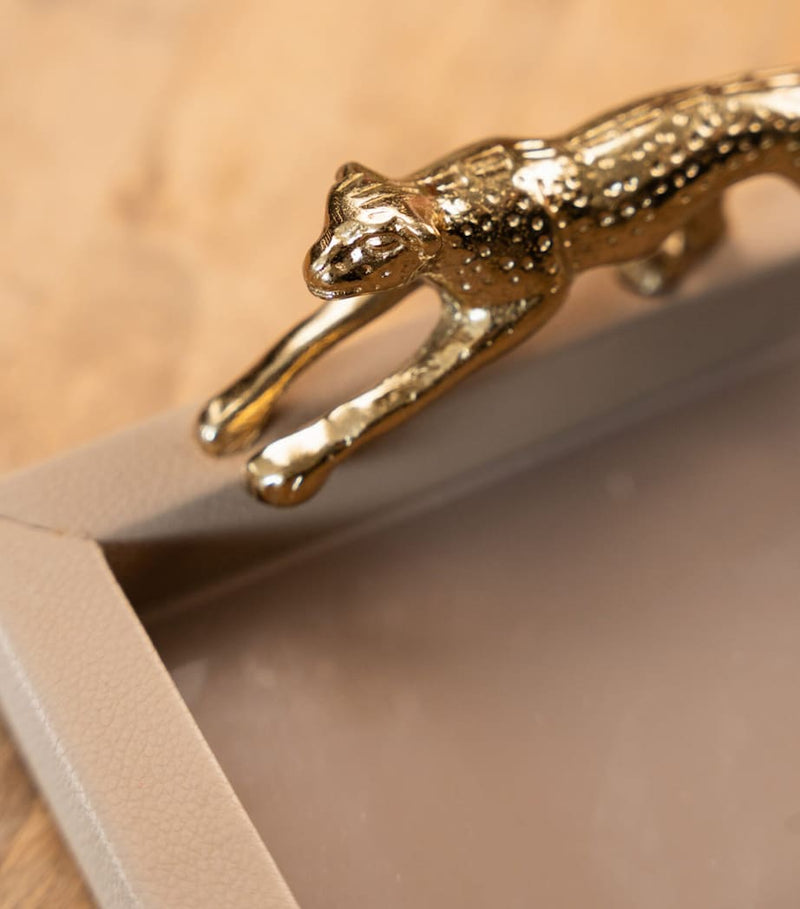 Les Ottomans leather and brass leopard tray 37x23cm, UK version