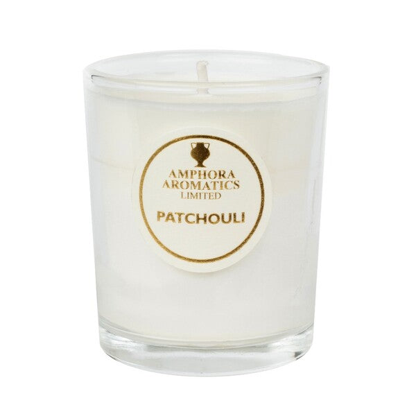 Amphora Aromatics patchouli mini pot candle ivory glass, imported from the UK