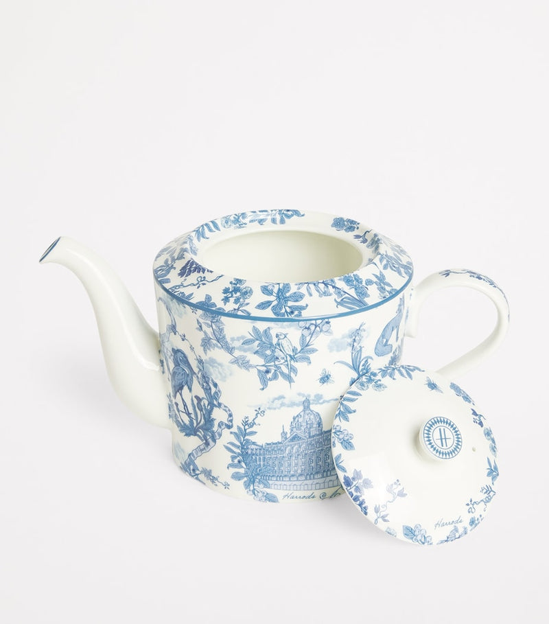 Harrods bone china teapot with toile pattern 16cm height, UK version