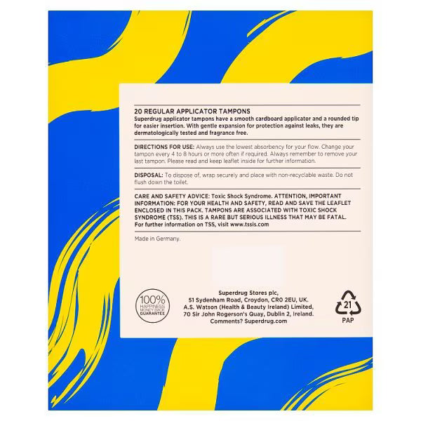 Superdrug Regular Applicator Tampons 20 Count (British brand)