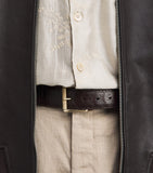 Elliot Rhodes ostrich leg leather belt with mottled detailing (British brand)