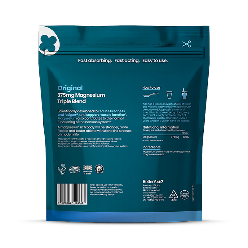 BetterYou Magnesium Max Original Magnesium Triple Blend Powder 120g - British product