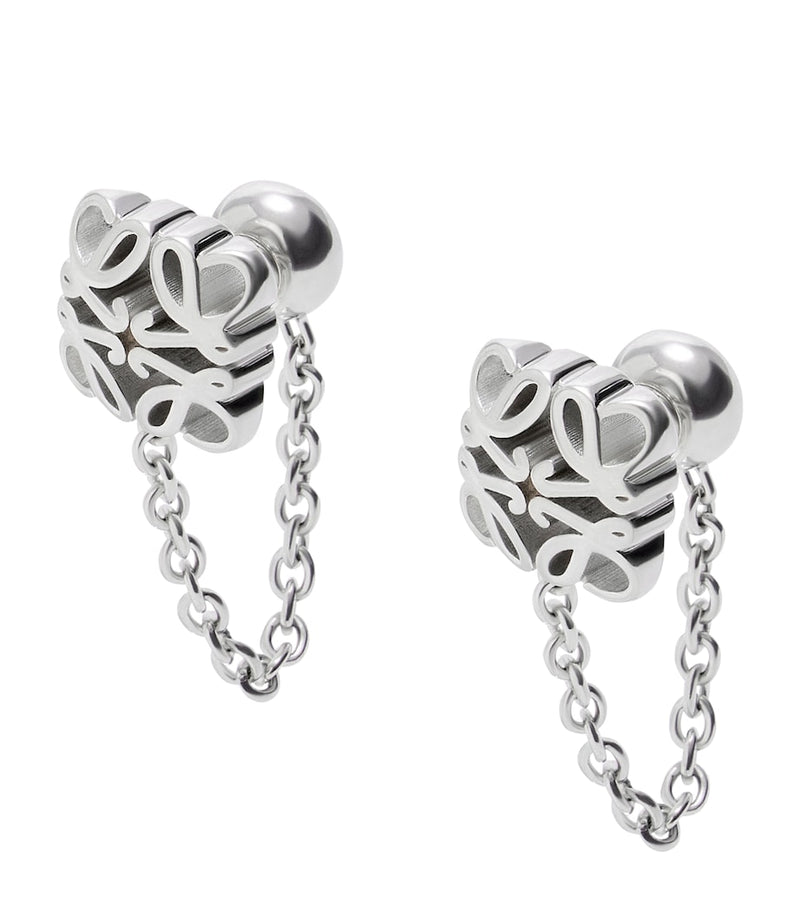 LOEWE silver bombé Anagram chain stud earrings, imported from the UK