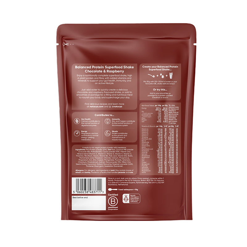Naturya balanced protein superfood shake chocolate raspberry 550g, imported from the UK