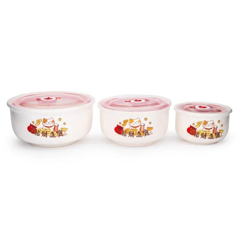 Lucky cat ceramic bowl set with lids, 3 pieces (British brand)