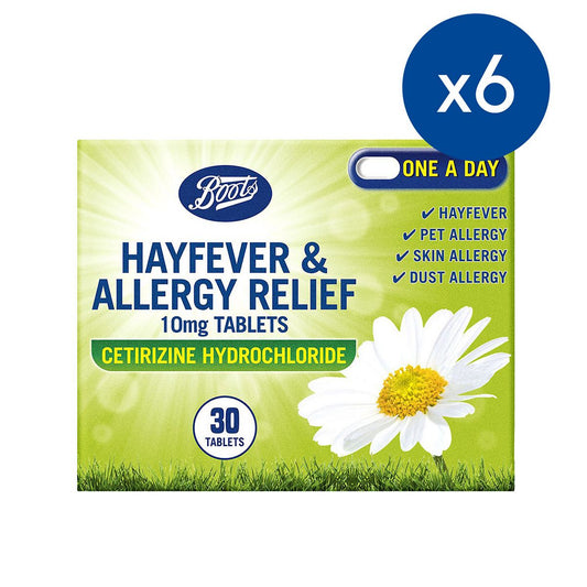 Boots Hayfever & Allergy Relief 10mg Tablets Cetirizine - 6 x 30 Tablets (6 Months Supply bundle) First Aid Boots   