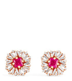Suzanne Kalan flower stud earrings rose gold diamonds ruby, imported from the UK