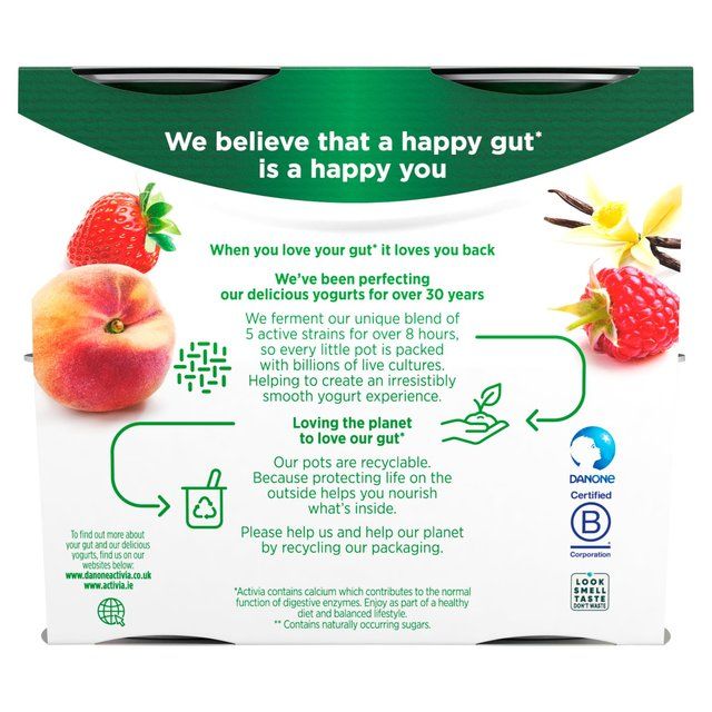 Activia Strawberry Vanilla Peach & Raspberry No Added Sugar Fat Free 8 x 115g - McGrocer