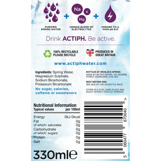 ACTIPH Alkaline Ionised Water Glass Bottle 330ml - McGrocer