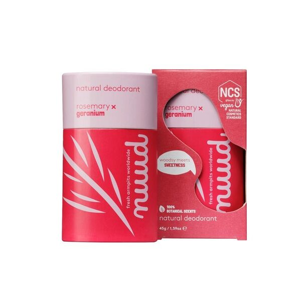 Nuud Natural Rosemary Geranium Stick Vegan Deodorant 45g, imported from the UK