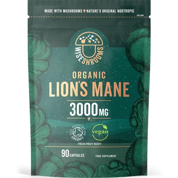 Wiseshrooms organic lion's mane capsules 3000mg 90 count, imported from the UK