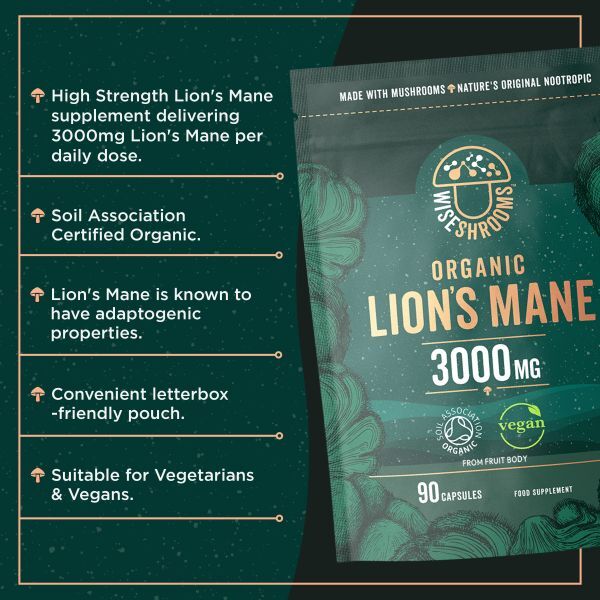 Wiseshrooms organic lion's mane capsules 3000mg 90 count, imported from the UK