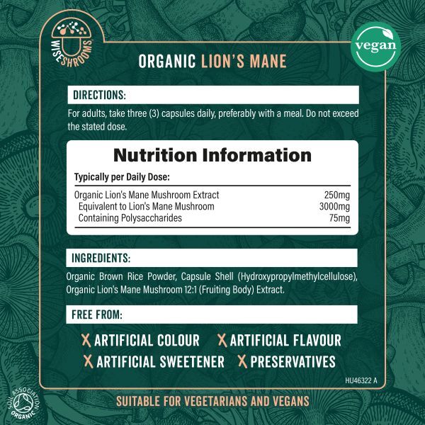 Wiseshrooms organic lion's mane capsules 3000mg 90 count, imported from the UK