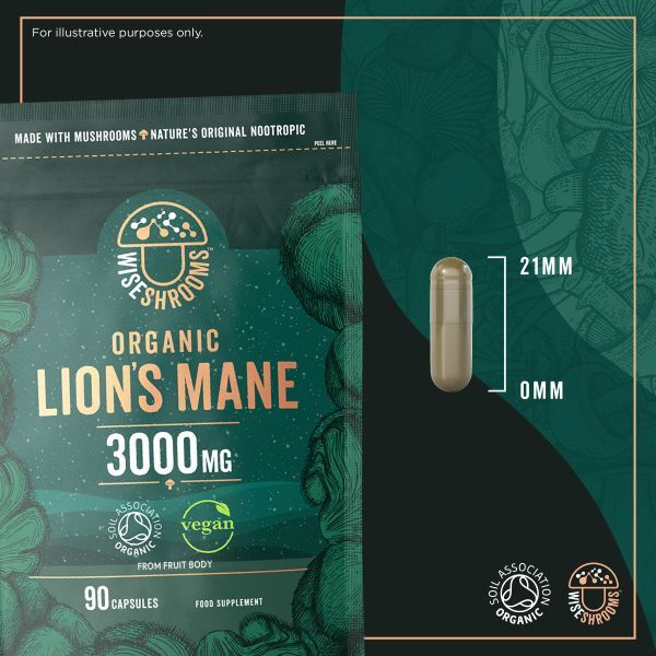 Wiseshrooms organic lion's mane capsules 3000mg 90 count, imported from the UK