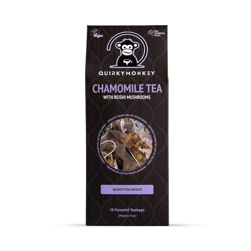 Quirky Monkey chamomile tea reishi mushroom 15 pyramid teabags, imported from the UK