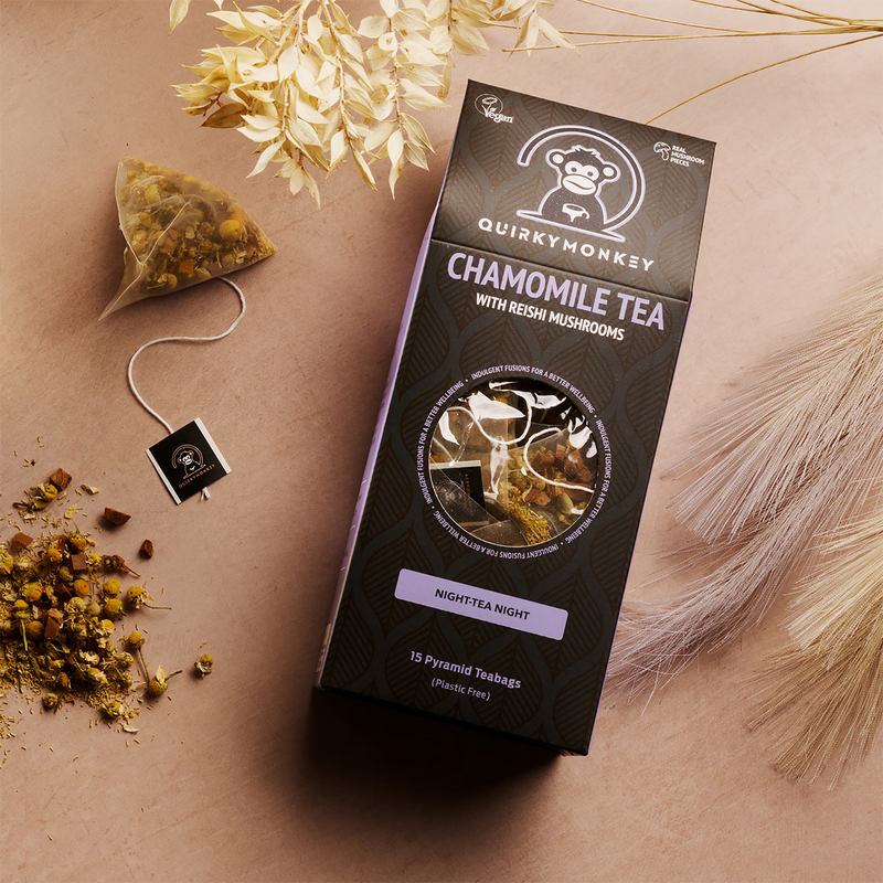 Quirky Monkey chamomile tea reishi mushroom 15 pyramid teabags, imported from the UK