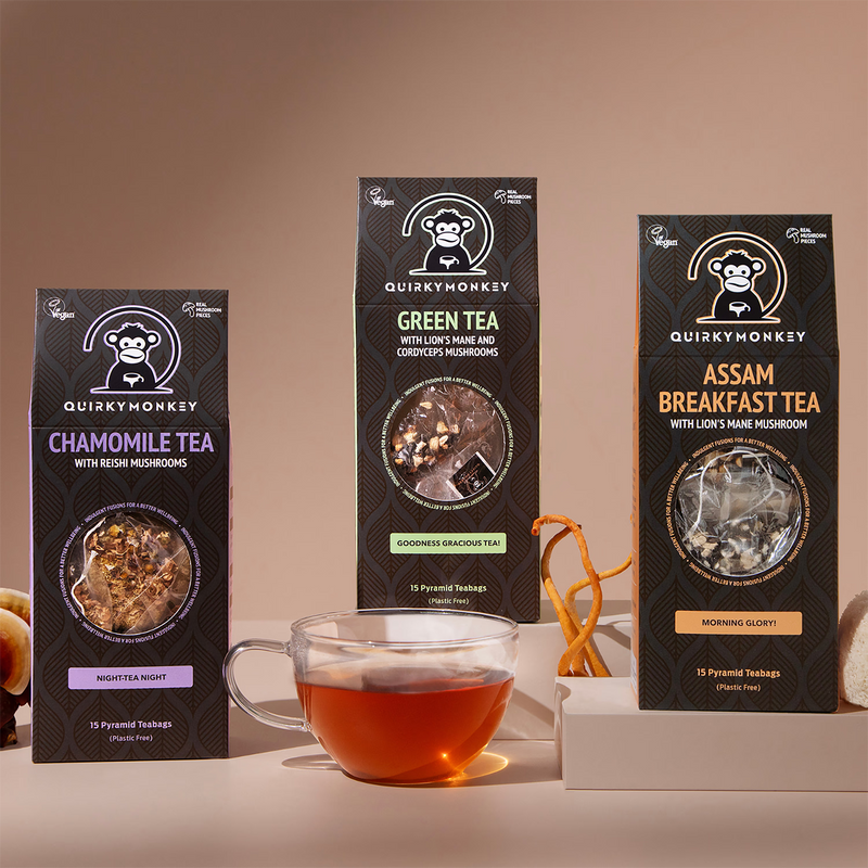 Quirky Monkey chamomile tea reishi mushroom 15 pyramid teabags, imported from the UK