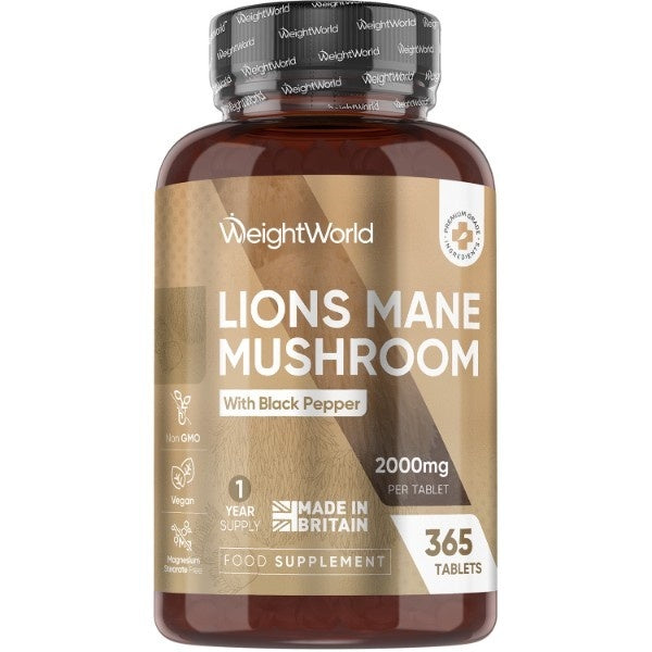 WeightWorld Lions Mane supplement 2000mg 365 tablets, imported from the UK