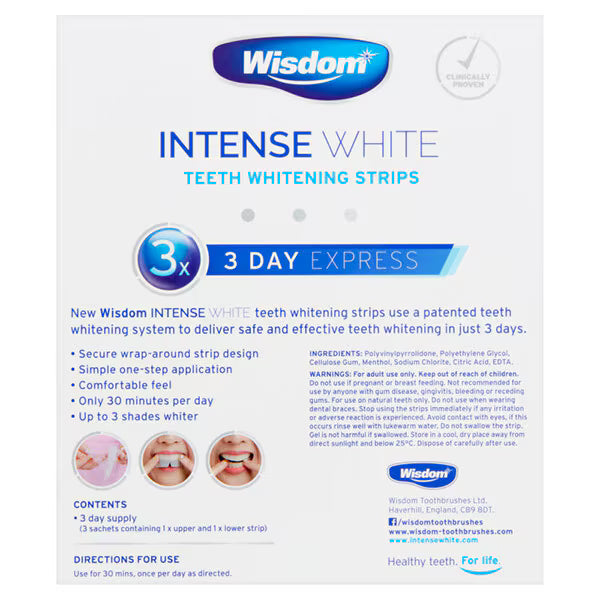Wisdom Intense White teeth whitening strips 3 day treatment (British brand)
