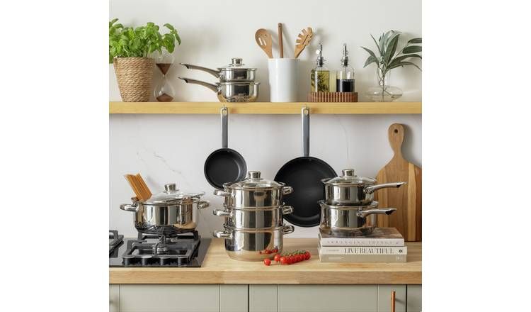 Argos Home 9 Piece Stainless Steel Pan Set - Silver - McGrocer