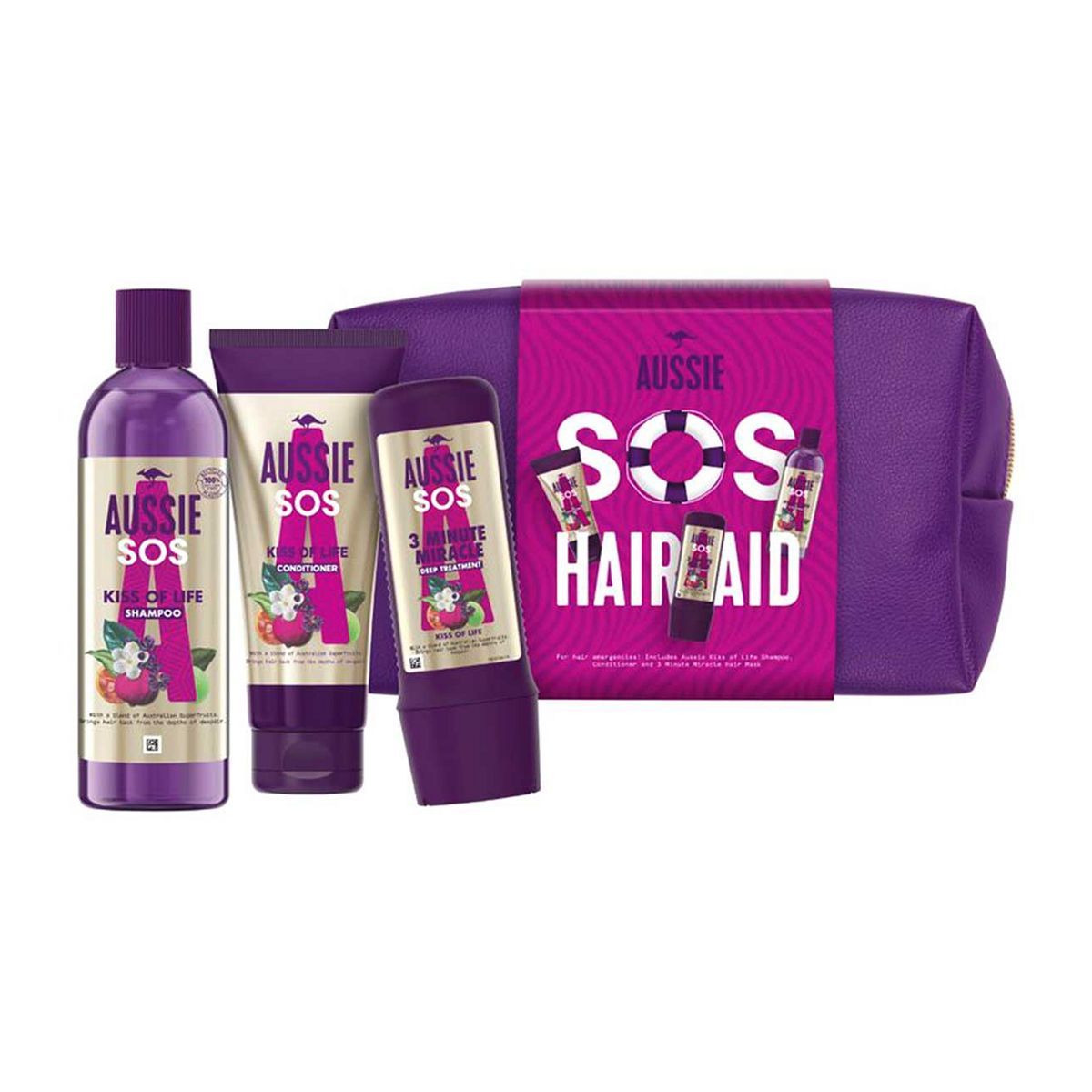 Aussie SOS Kiss of Life Gift Set 3 Minute Miracle Deep Treatment,Conditioner & Shampoo,225/200/290ml - McGrocer