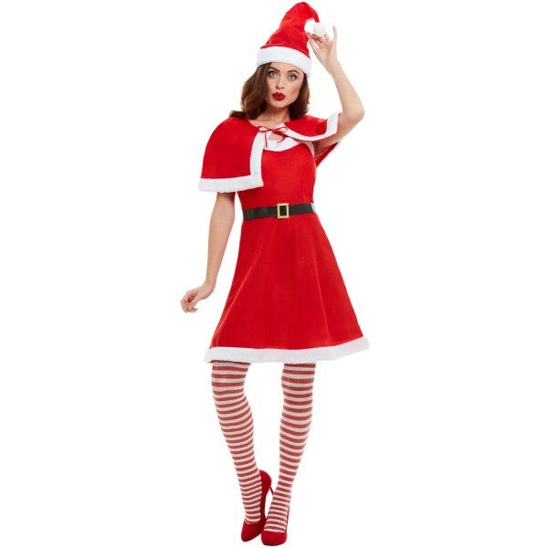 Smiffys adult Miss Santa costume red dress hat cape, imported from the UK