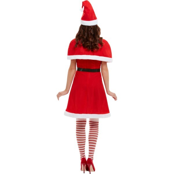 Smiffys adult Miss Santa costume red dress hat cape, imported from the UK
