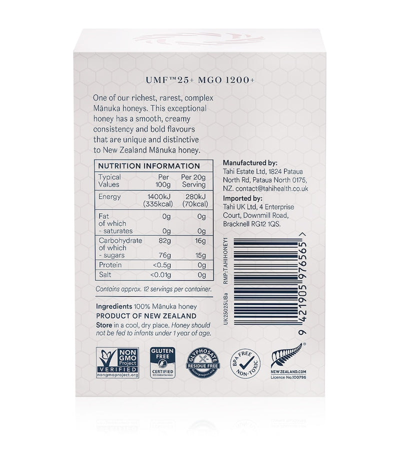 Tahi Honey Manuka Honey UMF 25+ MGO 1200+ 250g jar (British brand)
