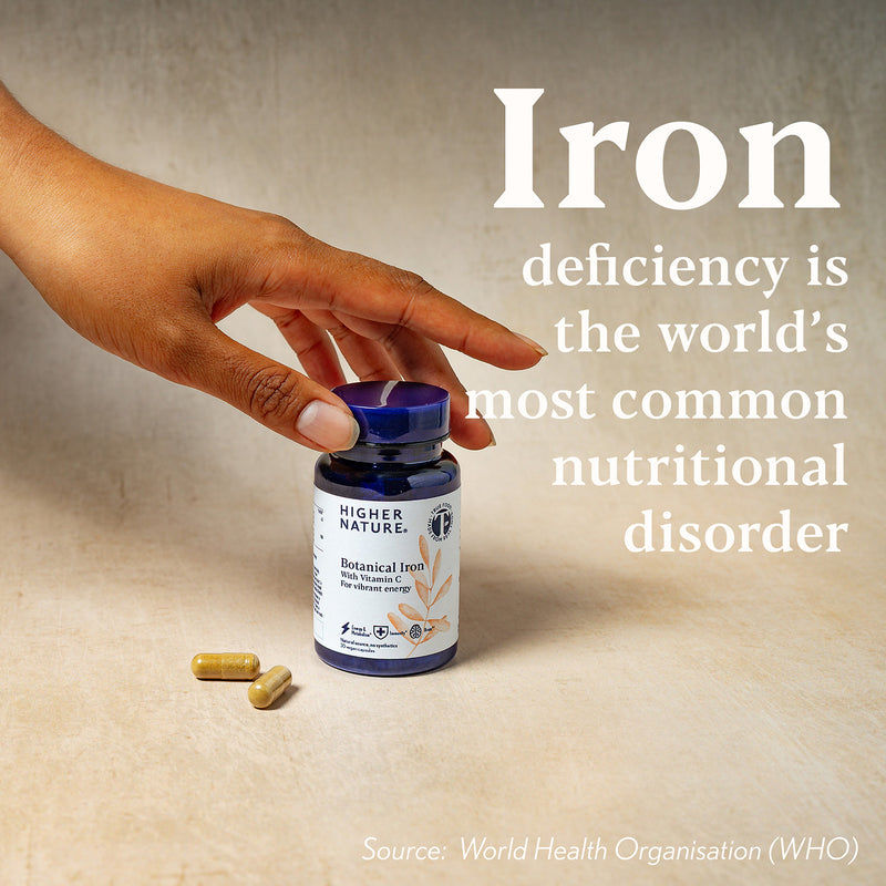 Higher Nature Botanical Iron 14mg supplement 30 capsules, imported from the UK