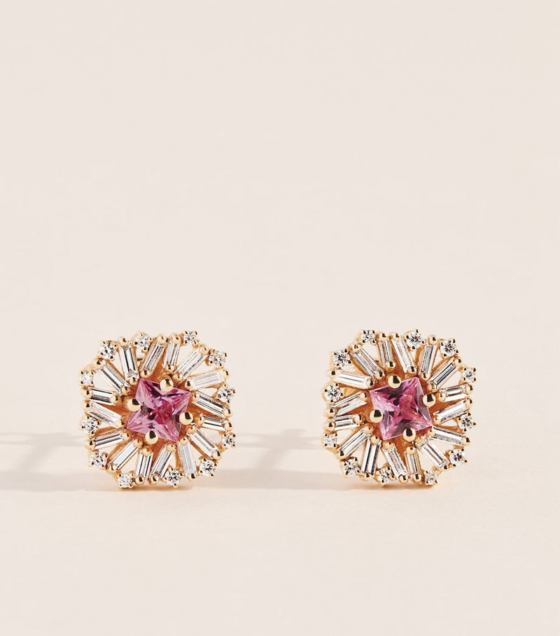 Suzanne Kalan rose gold flower stud earrings with pink sapphire and diamonds, UK version