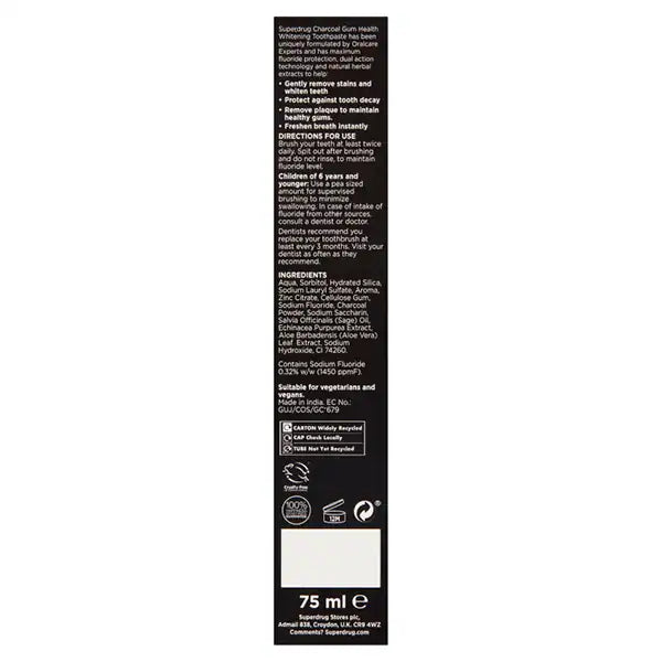 Superdrug charcoal gum health toothpaste 75ml (British brand)
