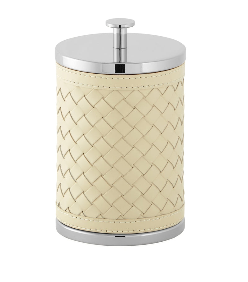 Riviere round storage container with leather panels and brass finish, imported from the UK