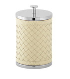 Riviere round storage container with leather panels and brass finish, imported from the UK