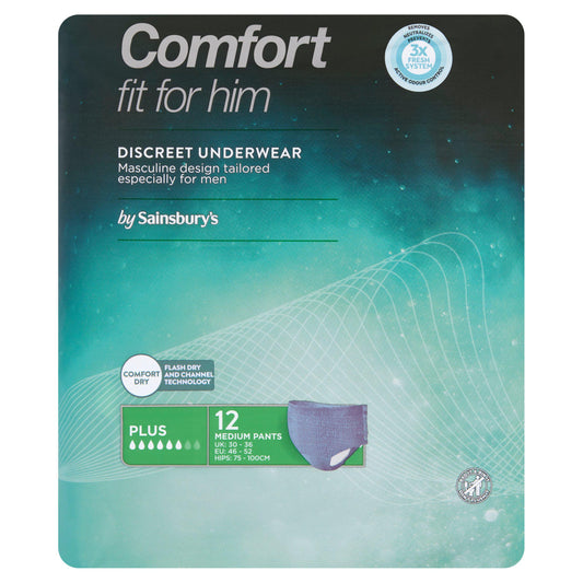 Sainsbury's Comfort Fit for Him Discreet Underwear Plus 12 Medium Pants x12 bladder weakness Sainsburys   