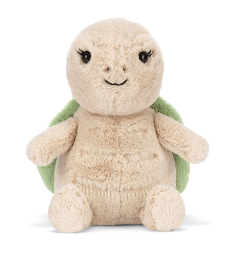 Jellycat soft plush turtle toy with beige fur and green shell, 10cm, UK version