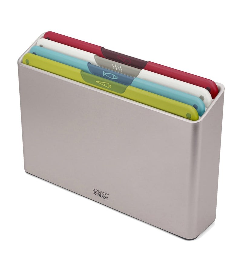 Joseph Joseph four-piece colour-coded chopping board set with case, UK version