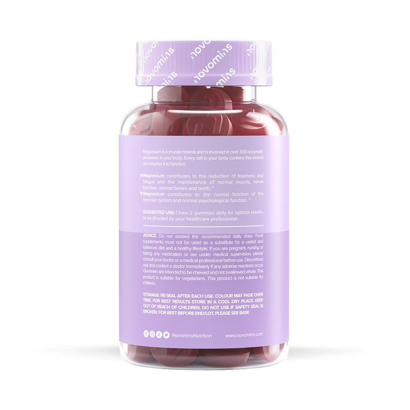 Novomins magnesium raspberry gummies 60 pack, imported from the UK