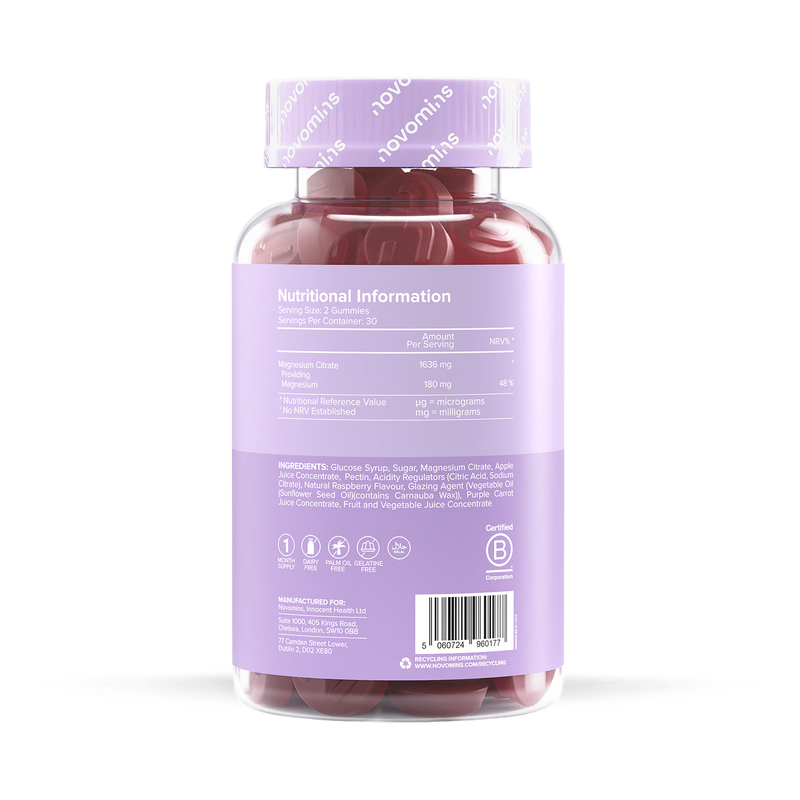 Novomins magnesium raspberry gummies 60 pack, imported from the UK